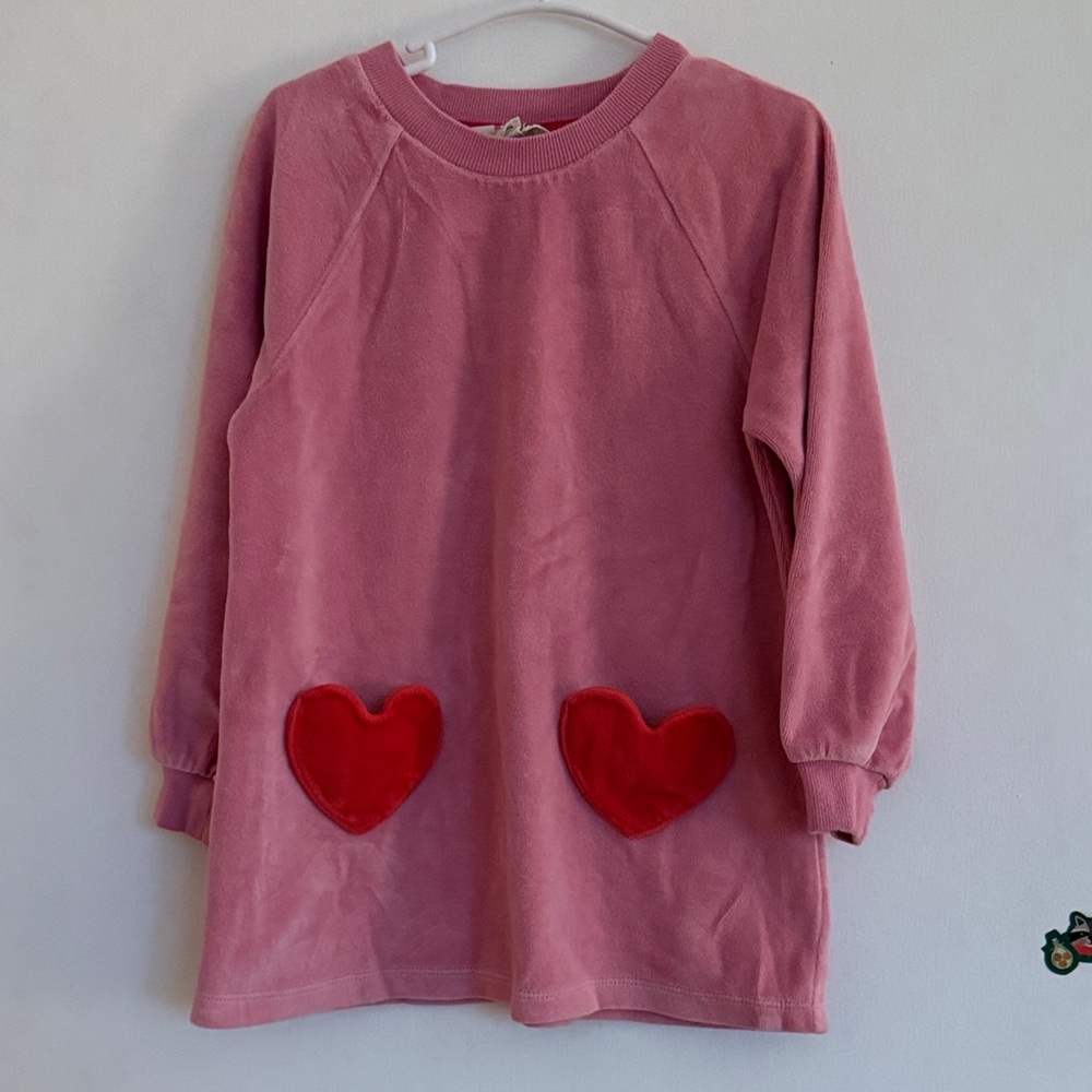 Mini Boden Pink Long Sleeve Velvet Tunic with Red Hearts